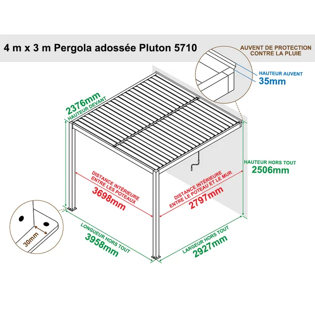 Pergola bioclimatique adossée 4 x 3 m à lames orientables en aluminium - Gris anthracite – Image 9